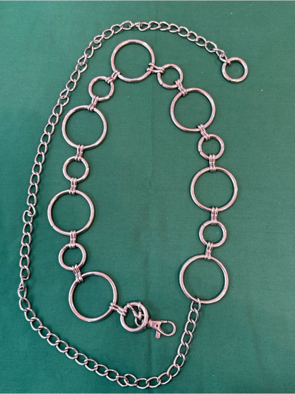 Metal Ring Chain Link 70's Boho Silvertone Belt Chain Overall 50” Clip Closure